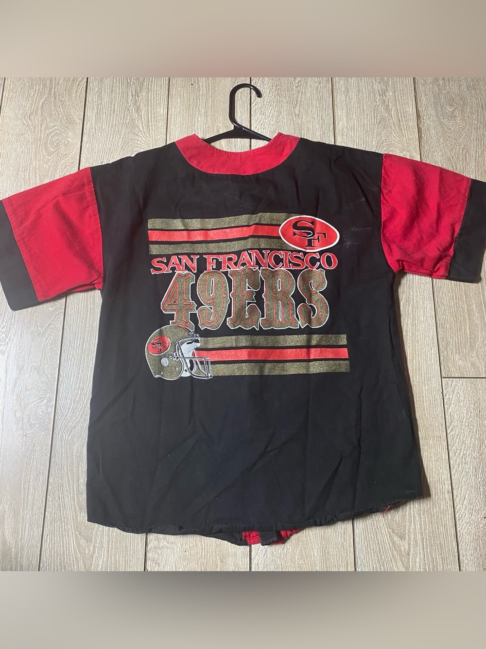 Vintage San Francisco 49ers Split Baseball Jersey Button Up Shirt Red Black S